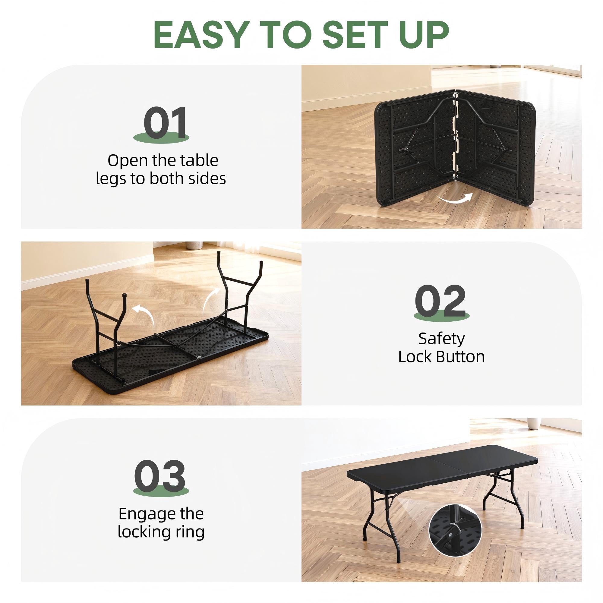 Furnibear Folding Table,6FT Portable Heavy Duty Plastic Fold-in-Half Table with Carrying Handle for Indoor Outdoor Events,Picnic,Party,Camping,BBQ,Black
