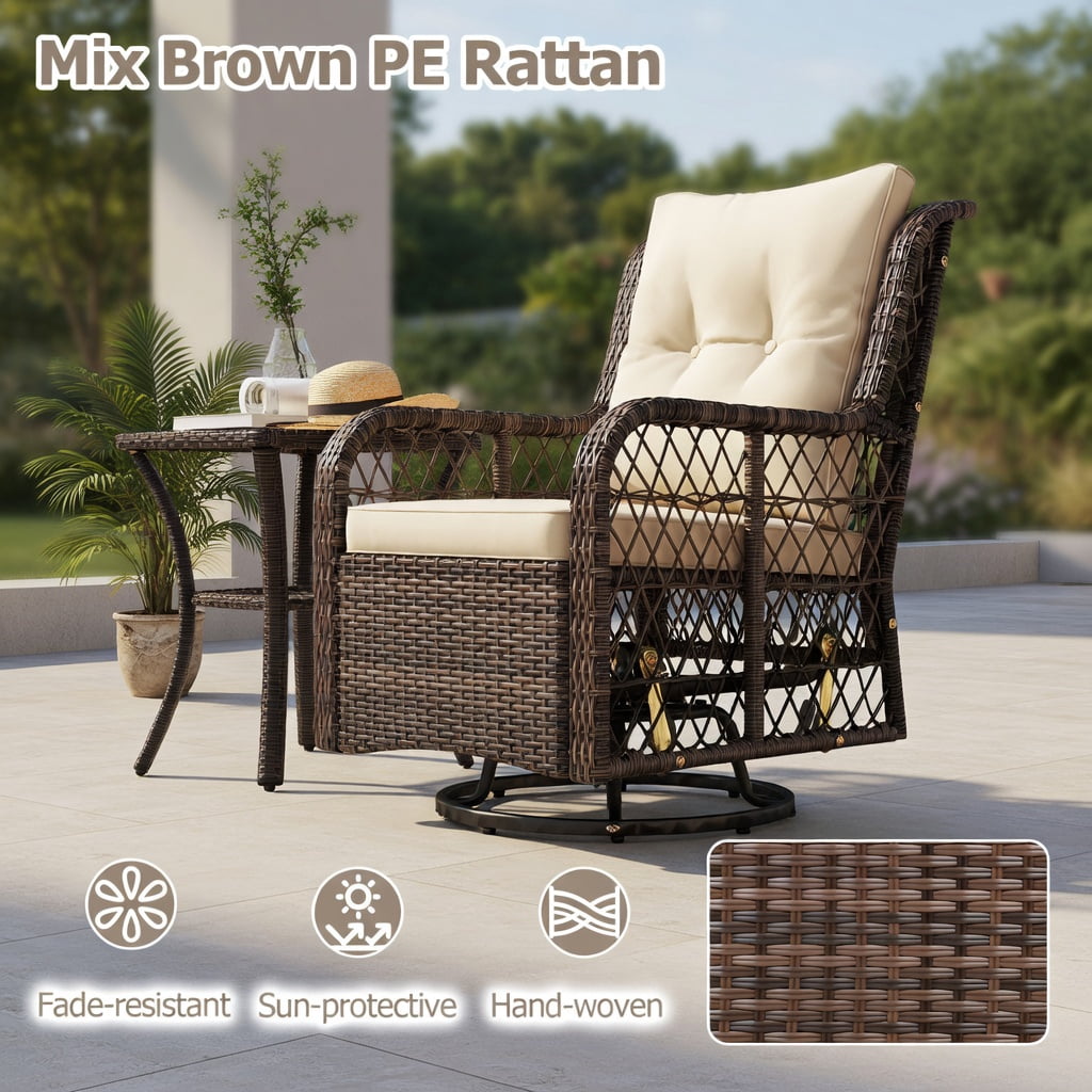 Hommoo 3-Piece PE Wicker Patio Furniture Set, Swivel Glider Chairs with 2-Tier Tempered Glass Side Table & All-Weather Cushions, Rattan Outdoor Seating for Porch, Backyard, Garden, Brown