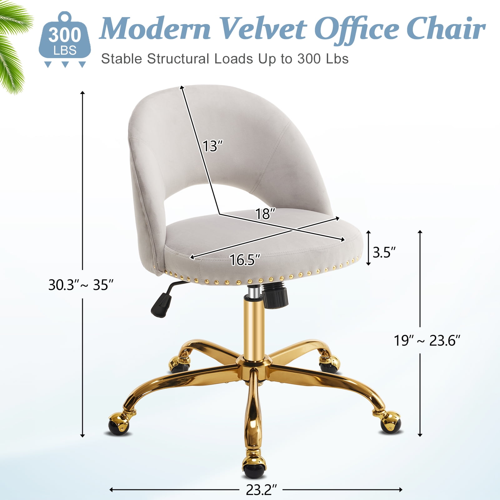 Ktaxon Office Desk Chair Adjustable Flannel Computer Task Chair Small Rolling Vanity Stool with Wheels for Study Make-up Dressing Gray