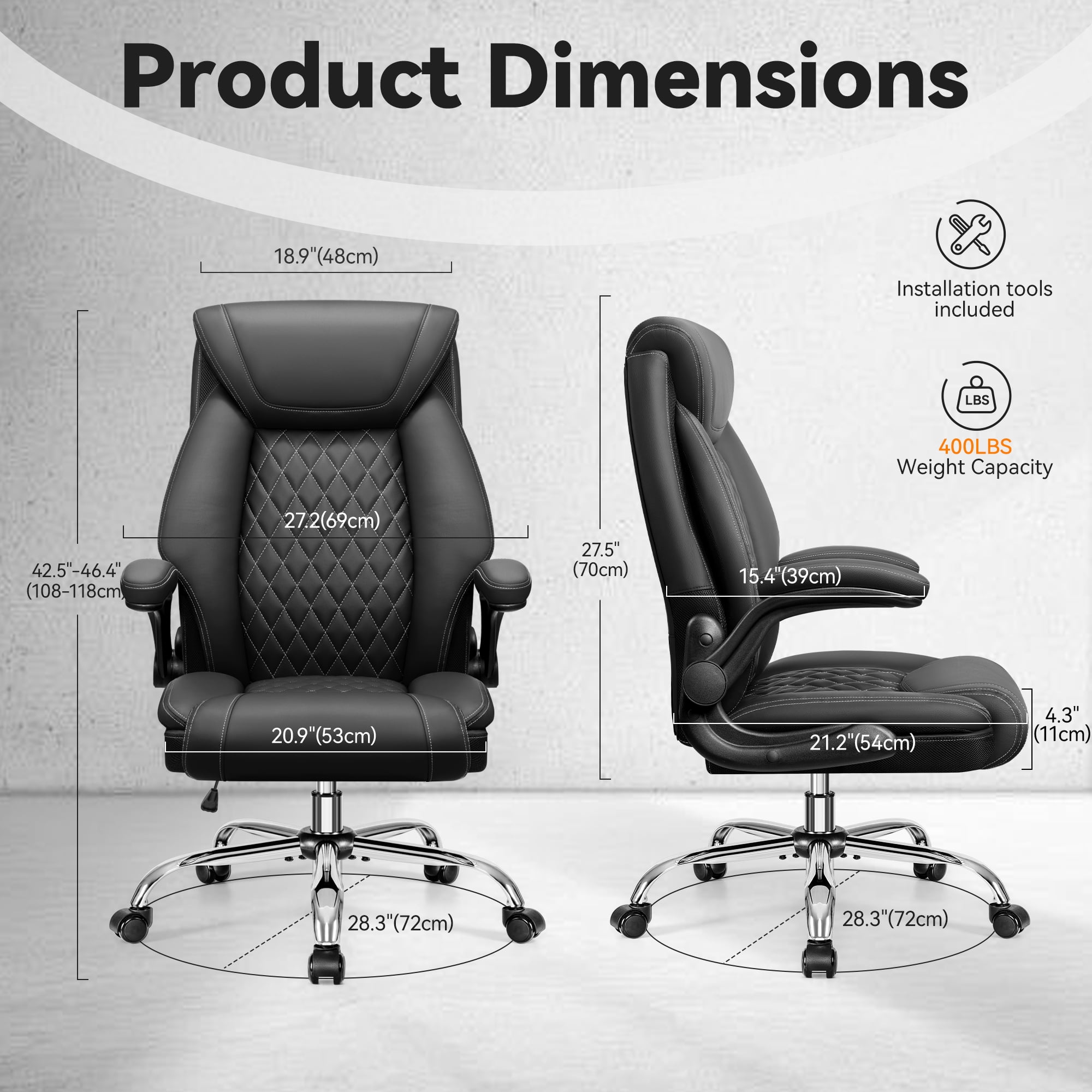 FASTES Ergonomic Office Chair, Desk Chair with High Back Flip-up Armrests Big and Tall Gaming Leather Chair with Rocking Function 2 Reclining Position,Black