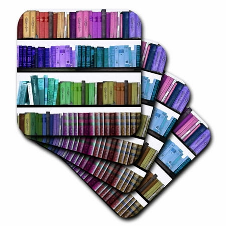 3dRose Colorful bookshelf books - Rainbow bookshelves - reading book geek library nerd - librarian author, Soft Coasters, set of 8