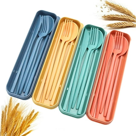 

Wheat Straw Cutlery 4 Sets Portable Cutlery Set Reusable Spoon Fork Chopsticks Tableware Set for Celebrate Holidays Picnics Daily Use Travel Flatware Set(4 Colors With Storage Box)