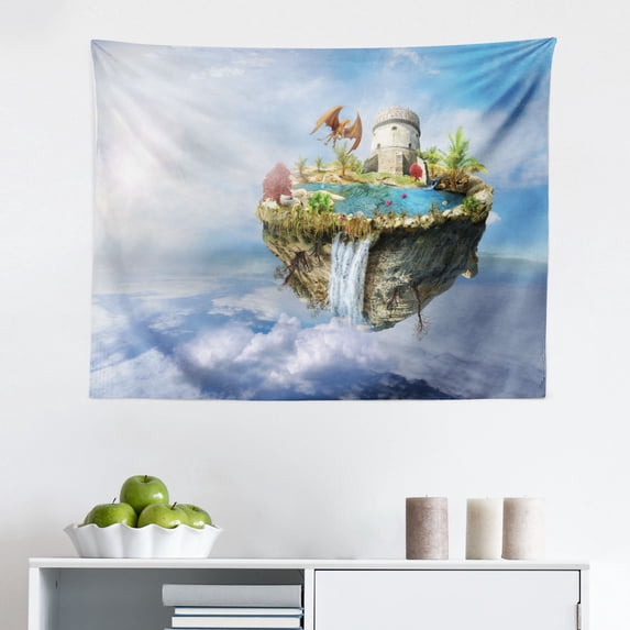 Fantasy Tapestry, Detached Top of Mountain Floating up to Sky As a Hot Air Balloon Imaginative Art, Fabric Wall Hanging Decor for Bedroom Living Room Dorm, 2 Sizes, Green, by Ambesonne
