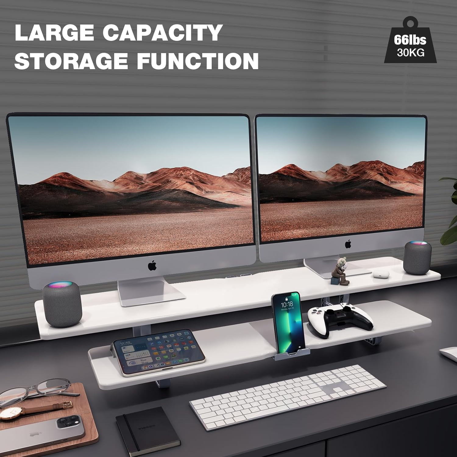 Dual Monitor Stand, 2-Tier Wood Monitor Riser with Storage Organizer and  Management for Home Office Desk, White