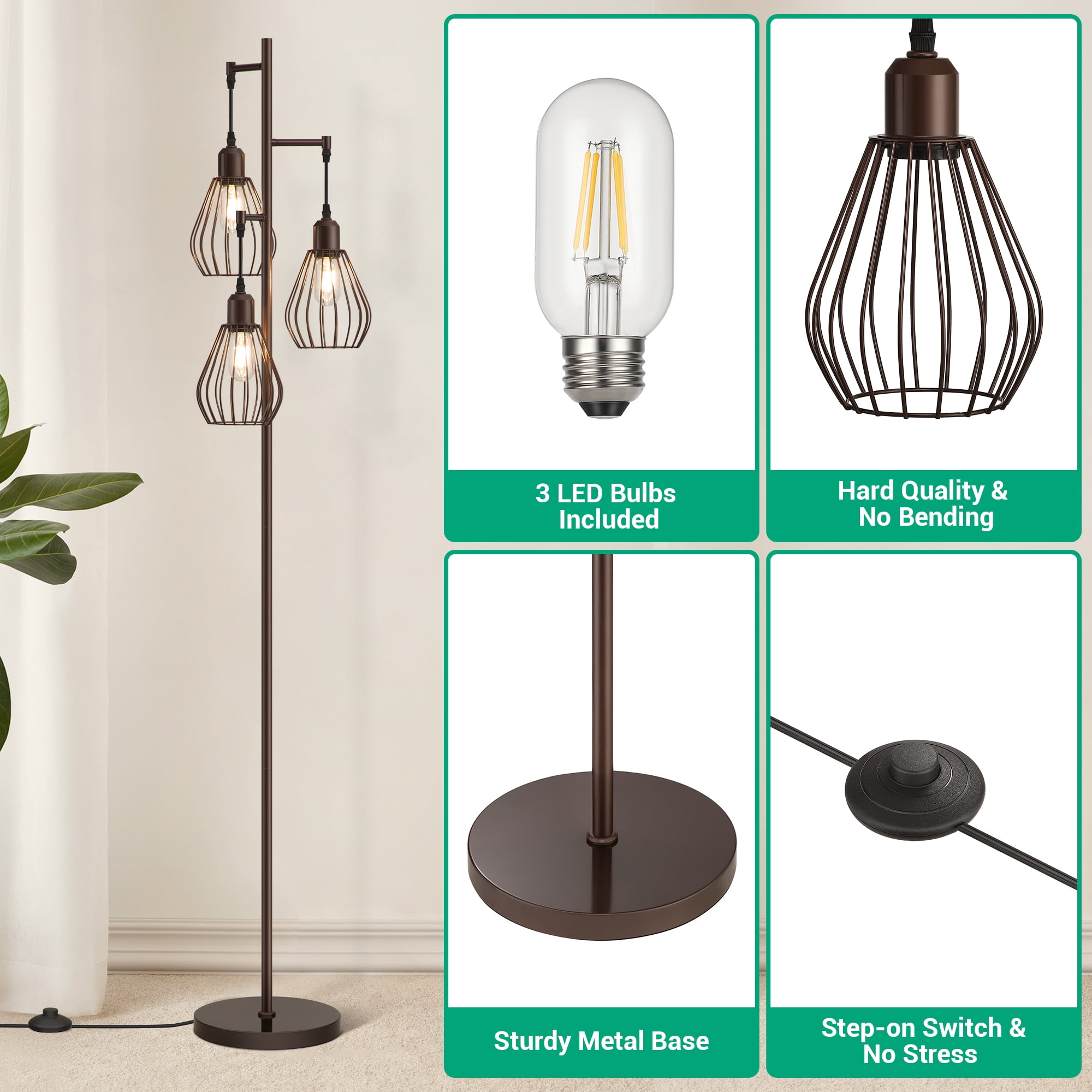 EDISHINE 3-Light 65.5" Tree Floor Lamp with bulbs included，Perfect for Living Room, Bedroom, Office, Dining Room Decor - Bronze