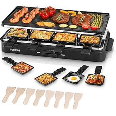 FOHERE Raclette Grill 8 Person, 2 in 1 Raclette Table Grill Indoor, 1500W Plastic