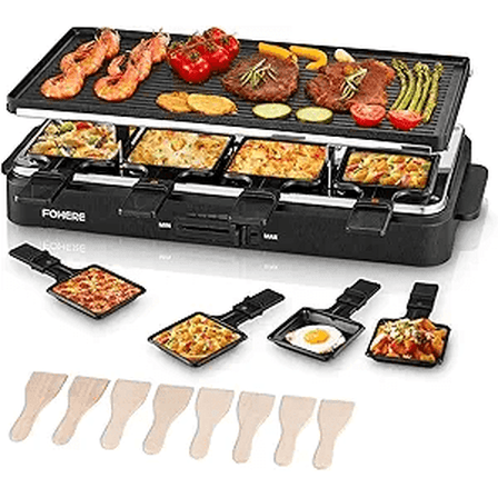FOHERE Raclette Grill 8 Person, 2 in 1 Raclette Table Grill Indoor, 1500W Plastic