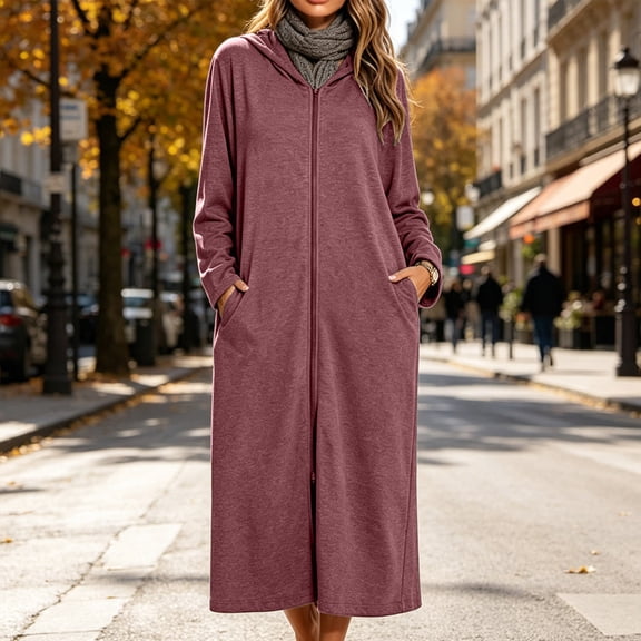 Womens Winter Long Dresses Full Zipper Hooded Solid Color Trendy Comfy Dress with Pockets Wine XL