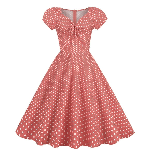 Women Vintage 1950s Retro Rockabilly Prom Dresses Cap-Sleeve V Neck Polka Dots Elegant Cocktail A-Line Swing Dress