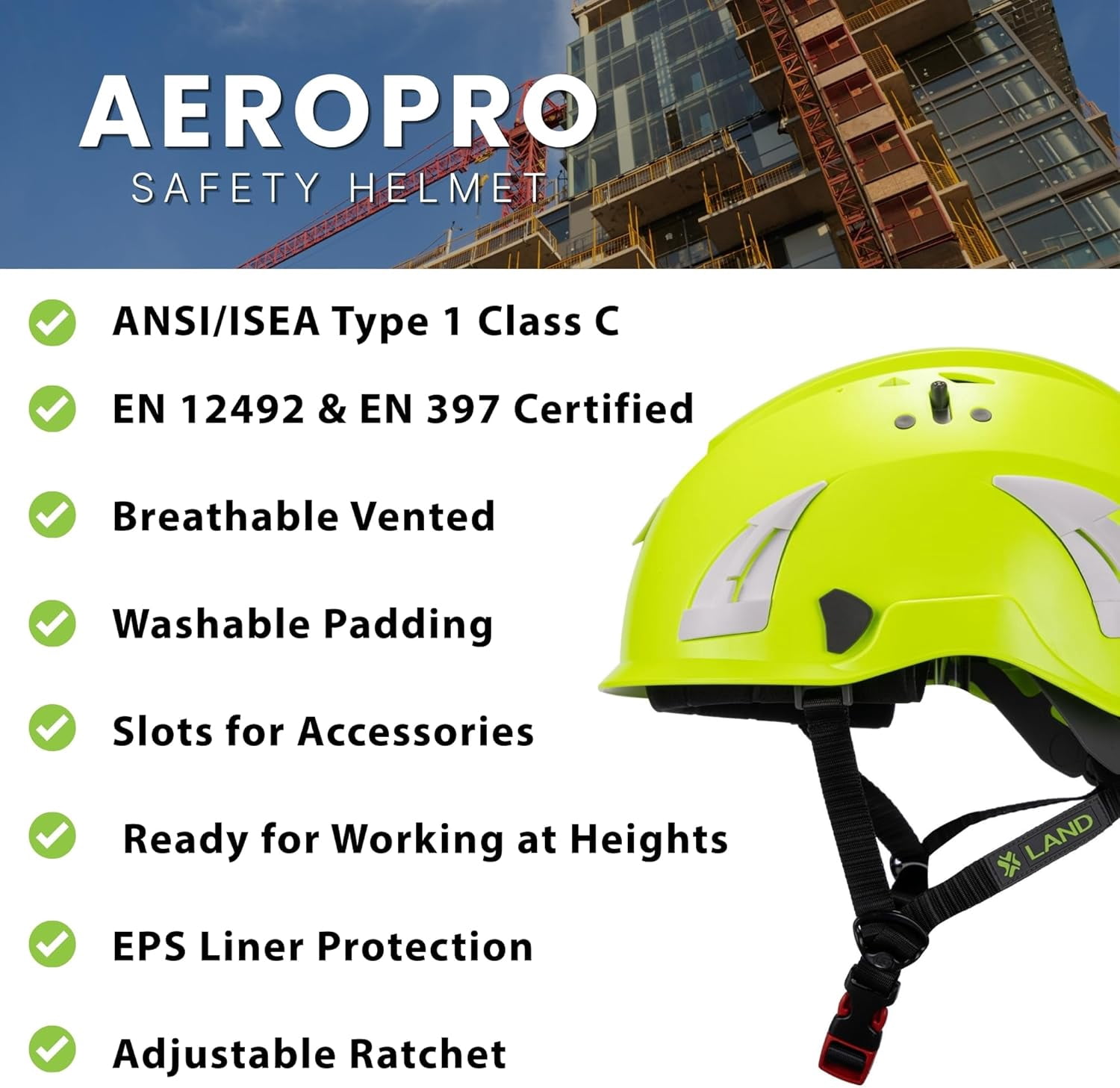 Land Helmets AeroPro Arborist Safety Helmet with Visor – ANSI Z89.1 Type 1 Class C Vented - Hard Hat for Fall Protection, Arborist & Technical Rescue - Green with Smoke Visor