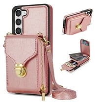 Nalacover Wallet Case for Samsung Galaxy S23,with Removable Adjustable Shoulder Strap,PU Leather Back Zipper Pocket Card Holder Stand Purse Shockproof Phone Case for Women Men,Rosegold