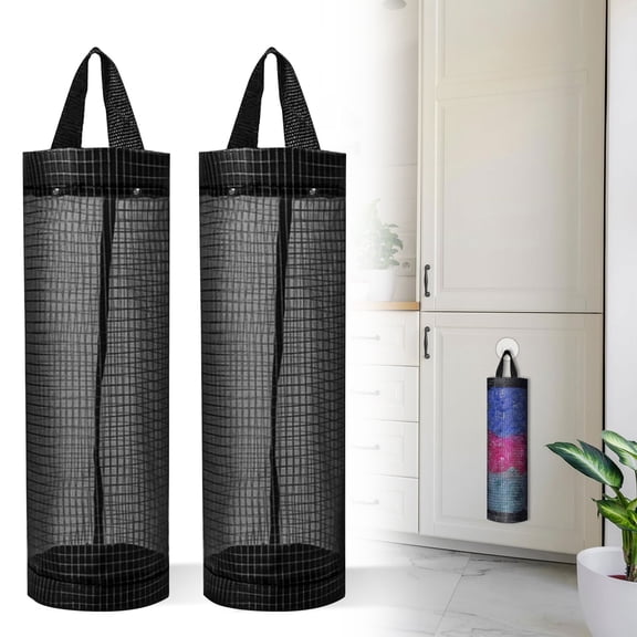 Kitchen Plastic Bag Holder,2Pcs Hanging Storage Bag Dispenser,Foldable Mesh Grocery Bag Organizer,Recycling Bag Holders,Black