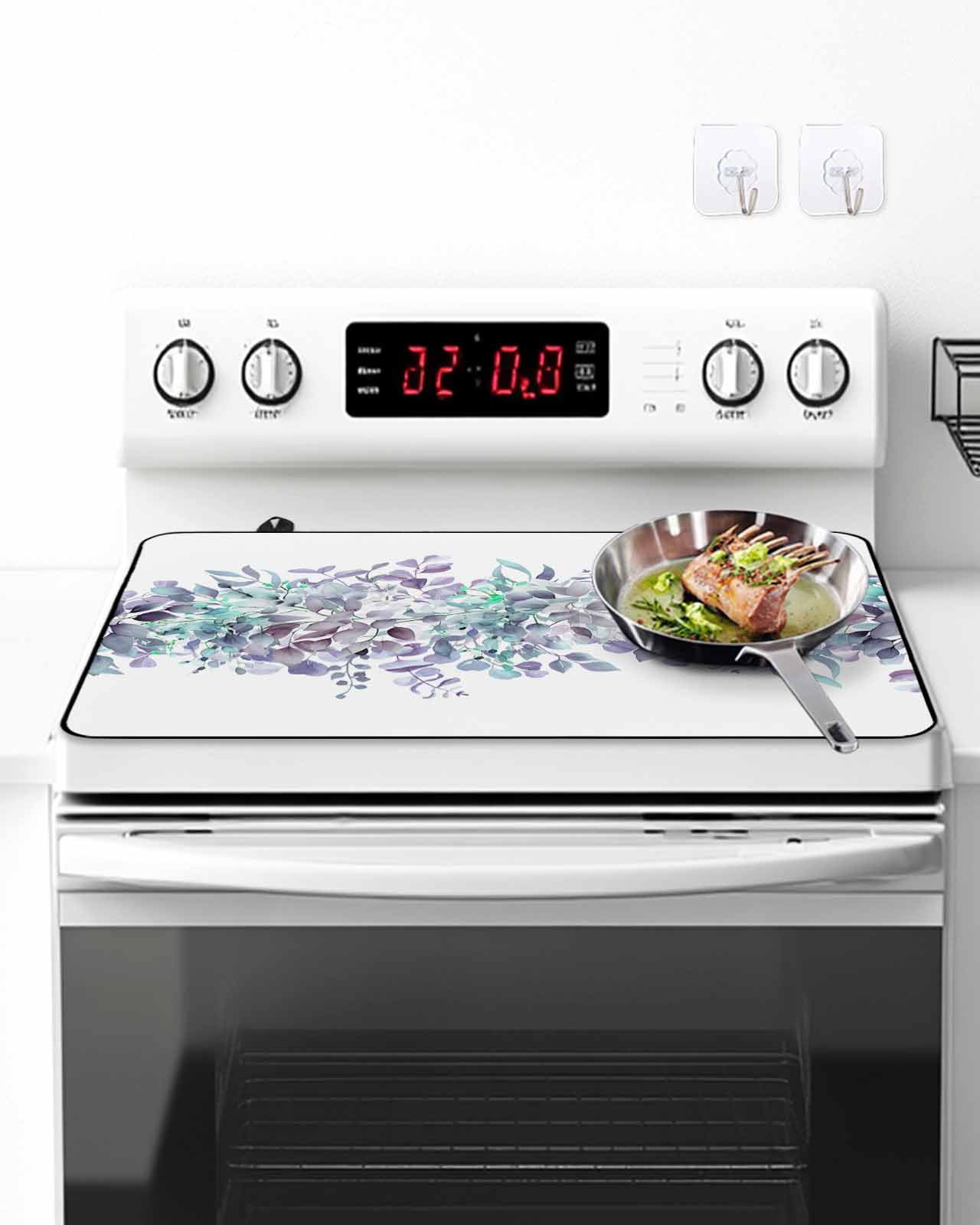 Stove Top Covers for Electric Stove, Purple Blue Eucalyptus Leaves Glass Stovetop Cover Protector, Spring Summer Botanical Floral Induction Cooktop Protector Oven Mat for Kitchen Countertop 24"x21"