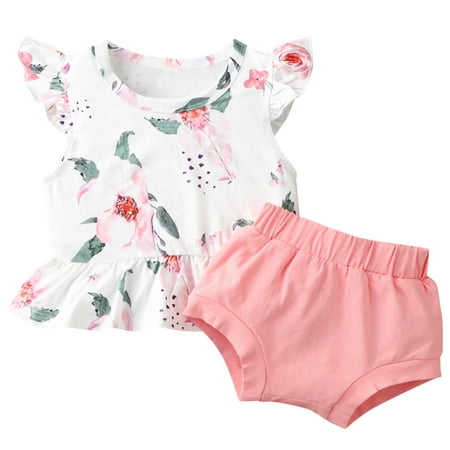 

EHTMSAK Newborn Infant Baby Toddler Girl Short Sleeve Clothing Set Outfits Floral T Shirts and Shorts Set Summer Pink 0-18M 86