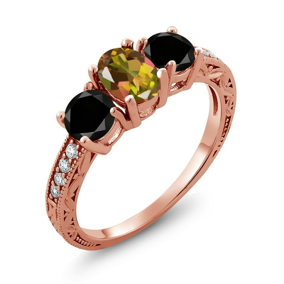 Gem Stone King 2.42 Ct Oval Mango Mystic Topaz Black Diamond 18K Rose Gold Plated Silver Moissanite Ring (Size 8)