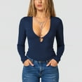 thumbnail image 2 of Women's Deep V-Neck Long Sleeve Top with Lace Hollow Out Detail, Sexy Fashion Fitted Blouse, Basic Tee,Dark Blue,Size XL, 2 of 4