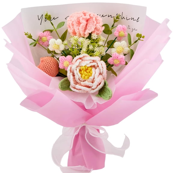 Crochet Flowers, Crochet Flower Bouquet with Peony, Tulips, Carnation,Puffs for Birthday Gifts, Graduation and Gift for Mom, Get Well Gifts for Women (Include Card)