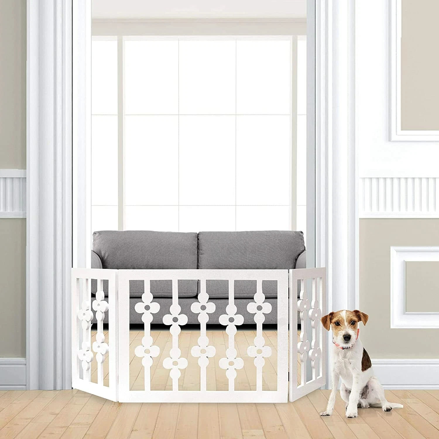White Floral Wood Pet Dog Gate Foldable Adjustable 3-Section Freestanding Extra Wide. Keeps Pets Safe Indoors/Outdoors - Fully Assembled