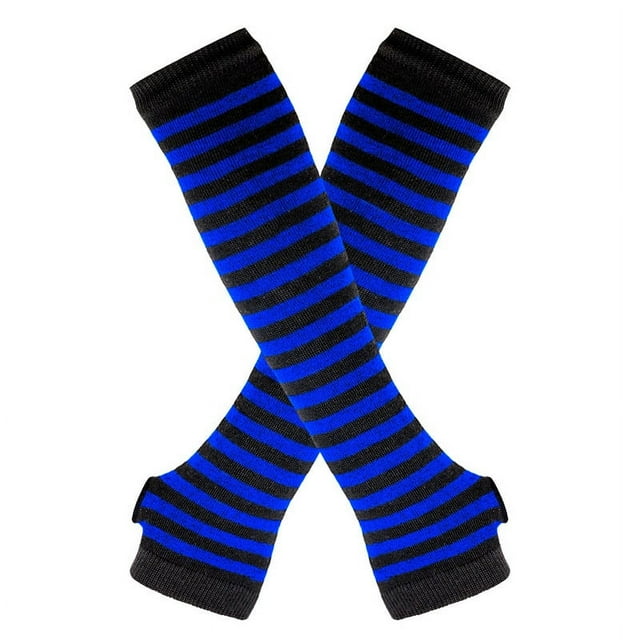 Zhuge Guantes largos sin dedos a rayas para mujer, calentadores de brazos tejidos de invierno para punk rock, cosplay, gótico y fiestas navideñas, color negro y azul