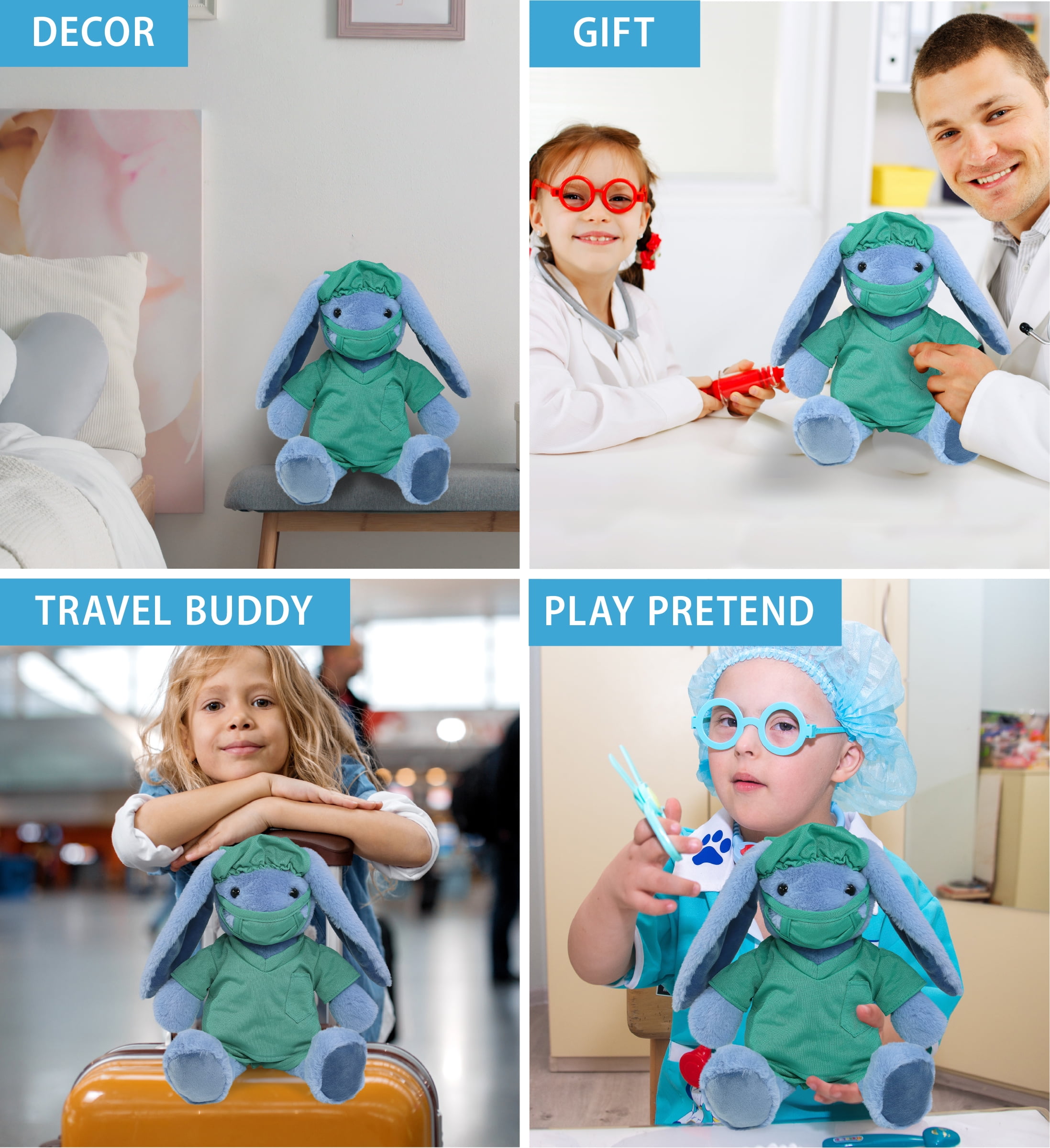 DolliBu Baby Blue Rabbit Doctor Plush Toy - Super Soft Rabbit Doctor Stuffed Animal Dress Up with Cute Scrub Uniform and Cap Outfit - Fluffy Toy Plush Gift for Doctor, Nurse, Surgeon, Dentist - 8 Inch