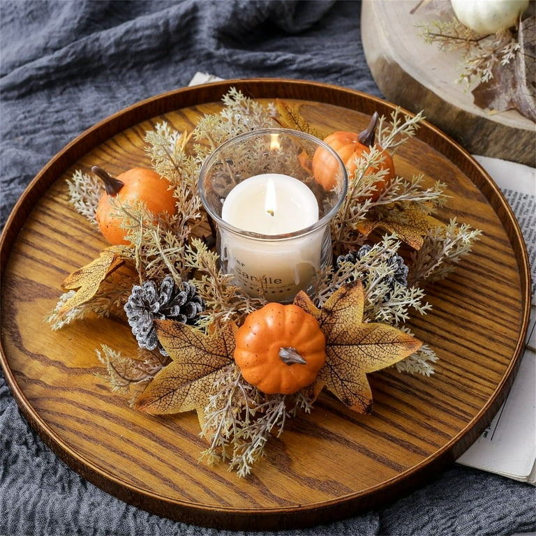 Fall Candle Rings Wreaths Neutral Fall Decor Artificial Pumpkin Maple Leaf Candle Garland Halloween Thanksgiving Berry Candle Rings