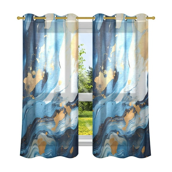 Marble Blue and Gold Semi Sheer Curtains 2 Panels Faux Linen Voile Sheer Drapes for Office Living Room 63x42in