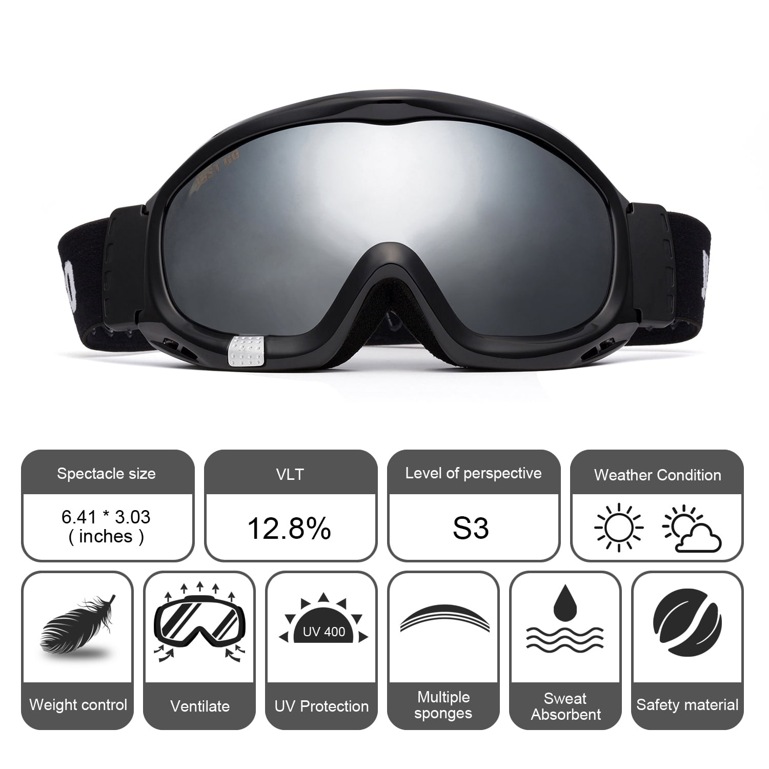 JUST GO Ski Goggles for Skiing Motorcycling and Winter Sports Dual-Layer Anti-Fog 100% UV Protection lens Snowboard Goggles fit Men, Women and Youth, Black Frame/ Silver Lens (VTL 12.8%)
