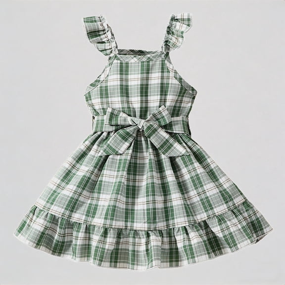 REDARER Girls Plaid Dress, Ruffle Strap Tie Waist Tiered Ruffle Hem Sleeveless Summer Dress for Casual Outings,5-6 Years