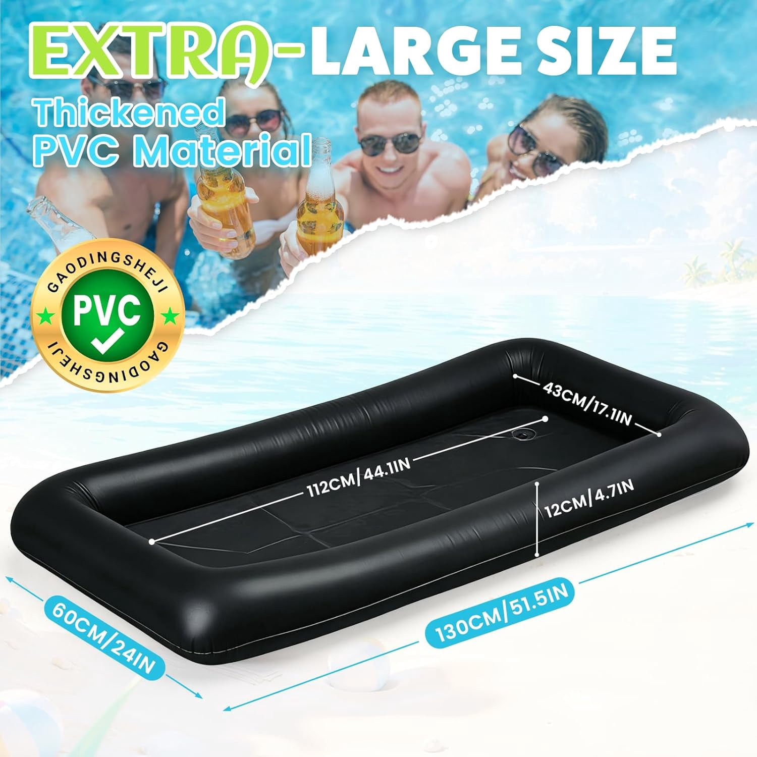 Large Inflatable Ice Serving Bar for Food, Drinks, Salad, Floating Buffet Cooler Tray with Drain Plug for Pool Party, BBQ, Picnic, Camping, Beach, and Outdoor Supplies Black