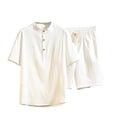 thumbnail image 1 of Two Piece Pants Sets Mens Two Piece Solid Cotton Linen Short Sleeve V Neck Tops and Shorts Set, 1 of 10