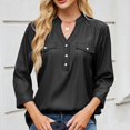 thumbnail image 4 of CheerKidz Women's Fashion Casual Spring Summer Denim Shirt Loose 3/4 Sleeve V-Neck Imitation Chambray Blouse Trendy Streetwear(Black,XL), 4 of 7