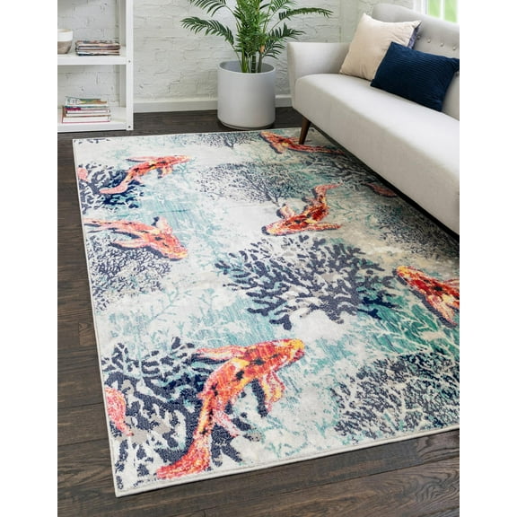 Unique Loom Gold fish Ariel Rug Multi/Ivory 5' 3" x 8' Rectangle Animal Print Beach/Nautical Perfect For Living Room Bed Room Dining Room Office