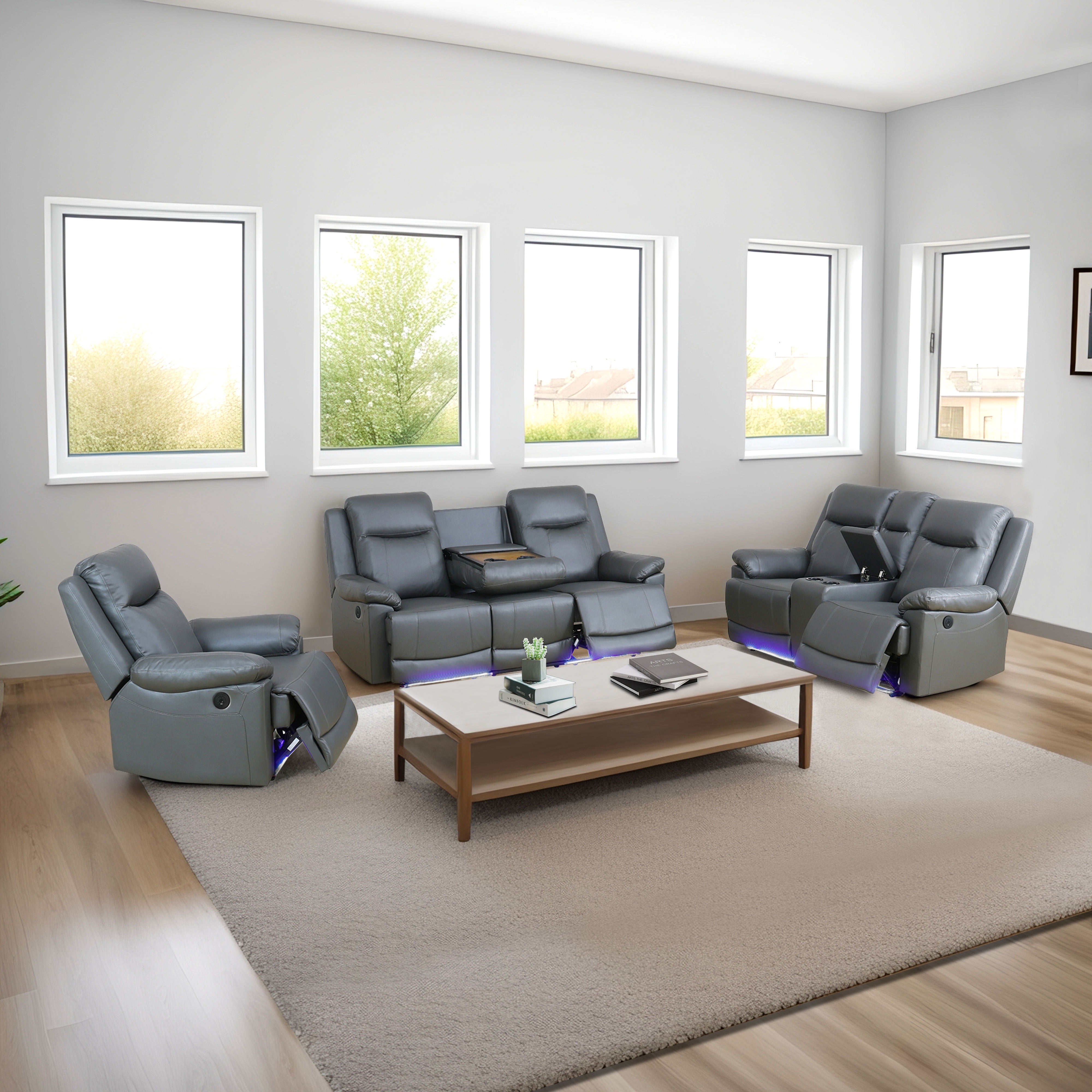 Gewnee Silver Gray 3-Piece Living Room Recliner Sofa Set with Console & Cup Holders,Air Leather, Solid Wood Frame & Double-Layer Springs