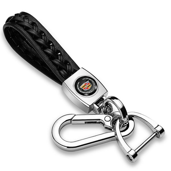 iPick Image for Cadillac Logo Braided Rope Style Genuine Black Leather Key Chain, Official Licensed