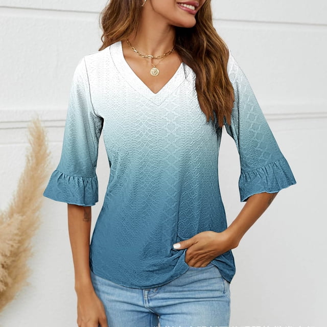 TACILIP Hauts à Manches 3/4 pour Femmes Blouse Col en V Tunique Mode Automne Tenues Printemps Été