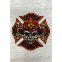 NEW Firefighter Patch, "First In, Last Out," First Responder Gift Idea, 1-pc Iron-on Embroidered Fire Skull Applique, Size 4", Fire Badge