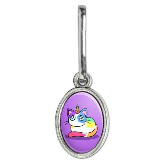 Unicorn Cat with Rainbow Calico Markings Antiqued Oval Charm Clothes Purse Suitcase Backpack Zipper Pull Aid