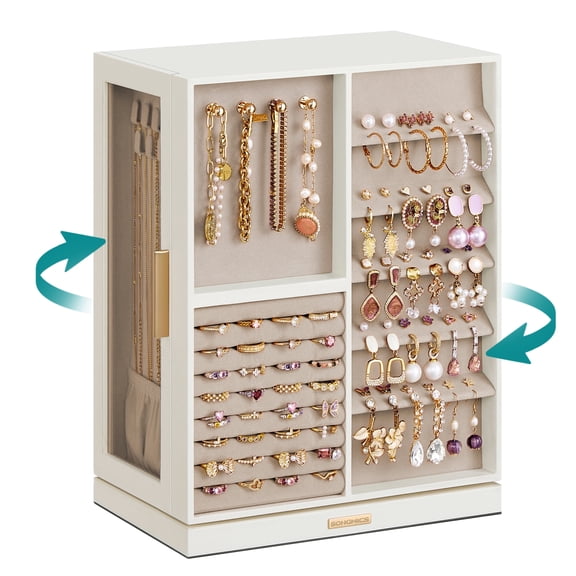 SONGMICS GISELLA Collection - Jewelry Box 360° Rotating, Jewelry Storage Case with 7 Drawers, Jewelry Organizer, Glass Window, Gift, Cloud White