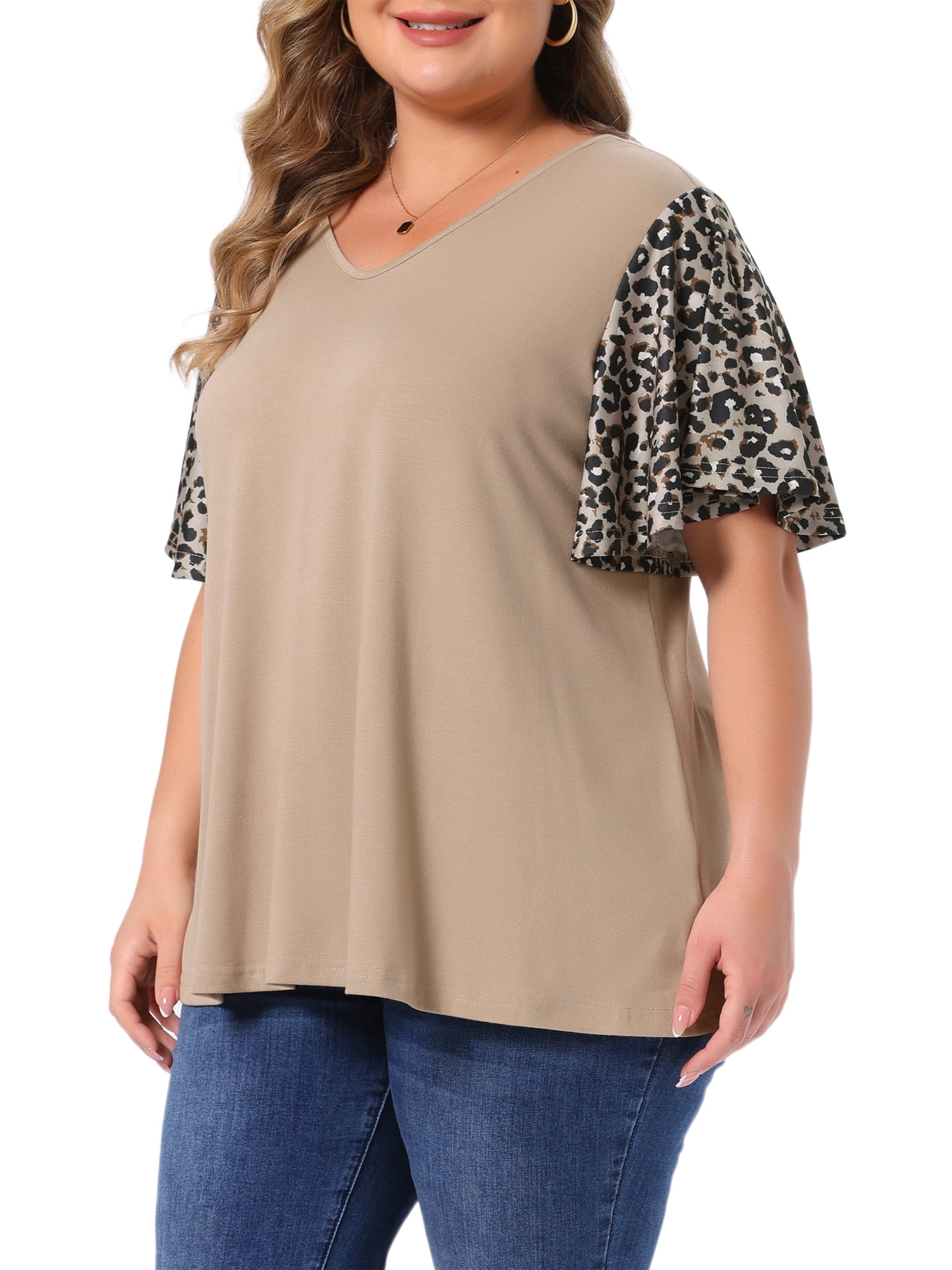 DARING DIVA Women's Plus V Neck Floral Flutter Sleeve Blouse Casual 4X khaki