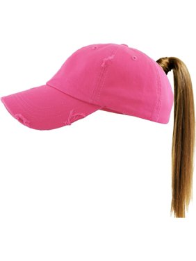 Hot Pink Ponytail Messy High Bun Adjustable Washed Cotton Baseball Cap