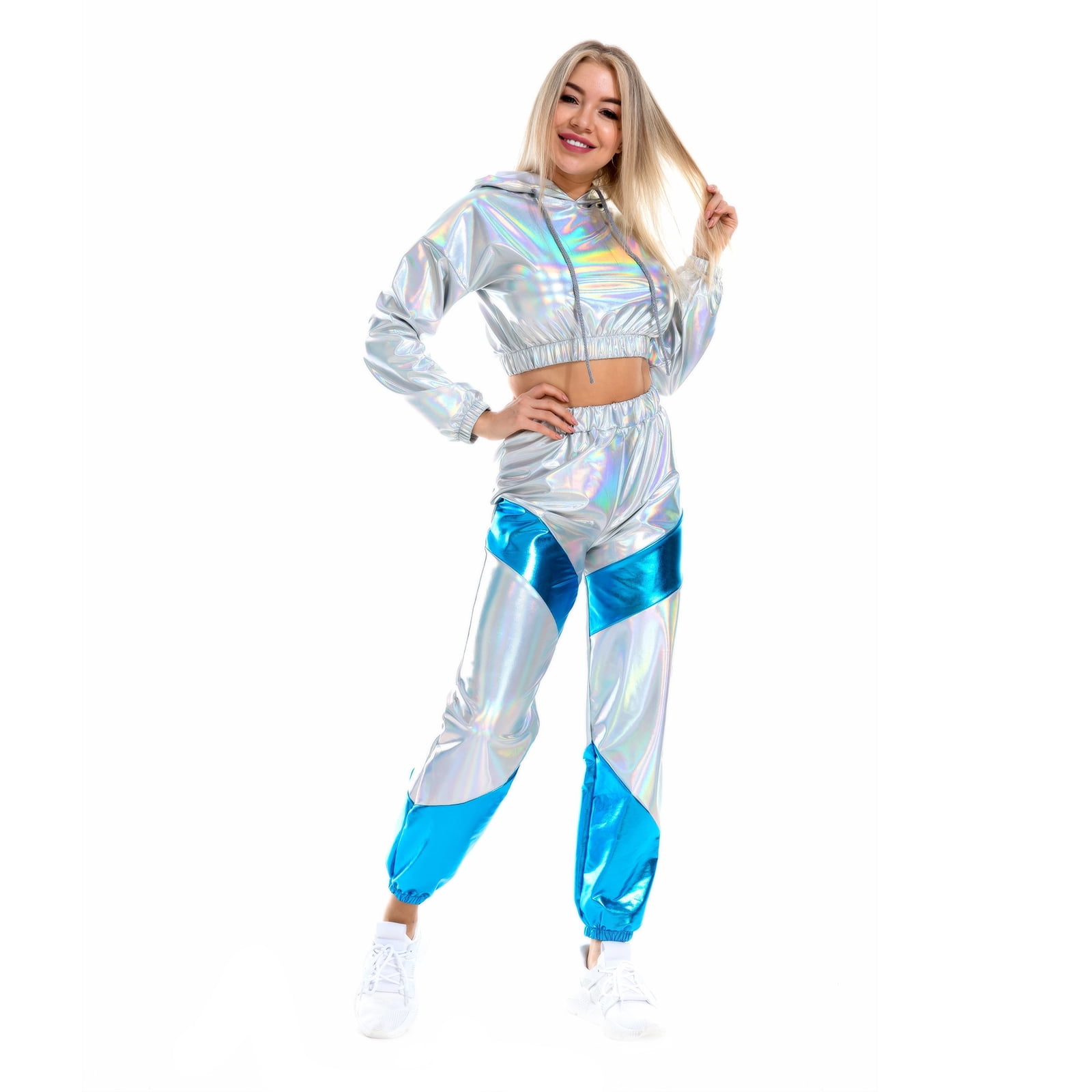 IBTOM CASTLE Women's Rave Outfit Shiny Crop Top Hoodie Casual Long Pants Hooded Workout Sweatshirt Dance Clubwear XXL Holographic Silver + Blue