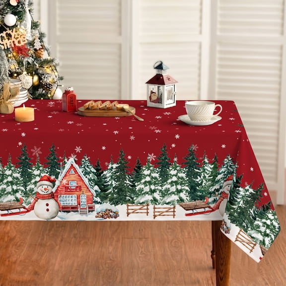 84x60in Red Snowman Cabin Christmas Tablecloth for Winter Table Decor