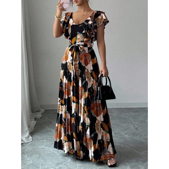 2026 New European and American Style Women's V Neck Ruffle Short Sleeve Self Tie Waist Floral Print Pleated Maxi Dress