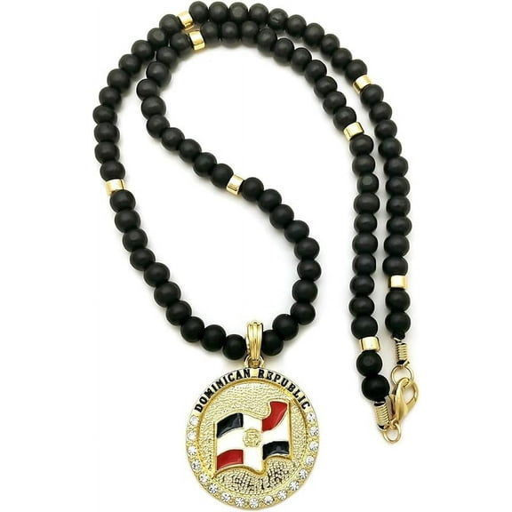 Hip Hop Style Jewelry Iced Gold Plated Dominican Republic DR Medal Pendant & 8mm 20" Wooden Wood Beads Fashion Necklace