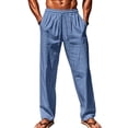 thumbnail image 2 of Dwellite Mens Cotton Linen Pants Summer Beach Pants Casual Loose Fit Elastic Waist Drawstring Pant with Pockets Royal Blue L, 2 of 5