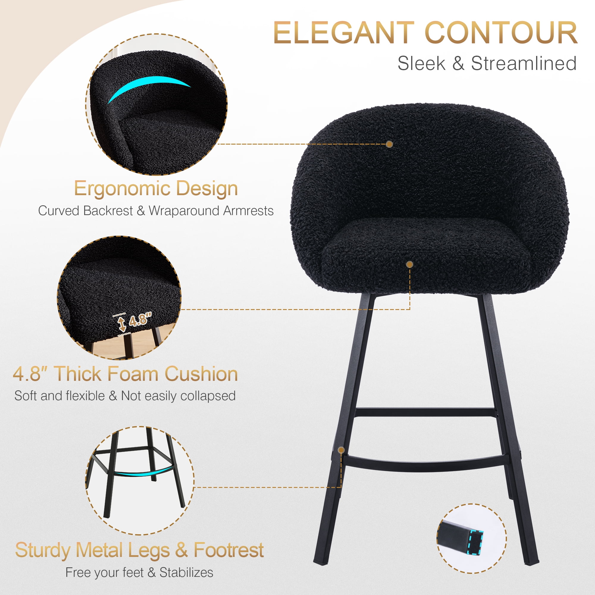 Zesthouse Swivel Counter Height Bar Stools Set of 1, 26.4" Counter Height Sherpa Upholstered Barstools with Barrel Back and Arms, Modern Counter Stool for Pub Kitchen Island, Black