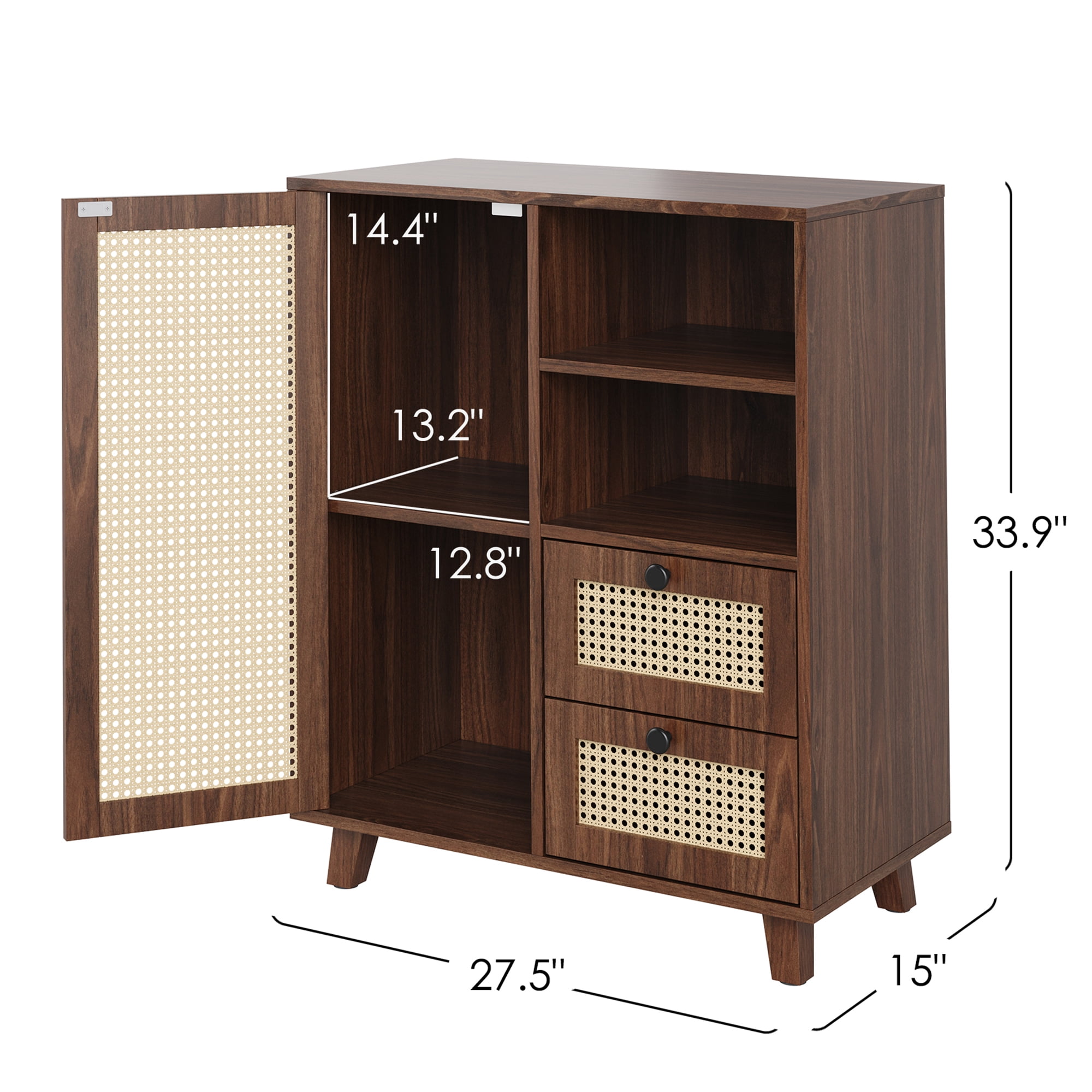 MAYEERTY Rattan Sideboard Cabinet with Drawers & Adjustable Shelf, Versatile Storage for Kitchen & Entryway, Walnut
