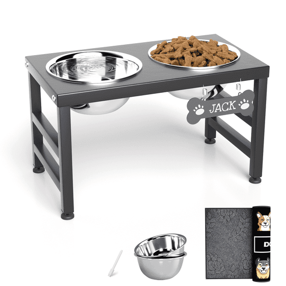SHAINFUN Elevated Dog Bowl Stand, 10" Raised Dog Bowl Stand with 2 1700ml (58oz)Bowls Anti Spill Mat, Bone Nameplate And Pen For Dogs