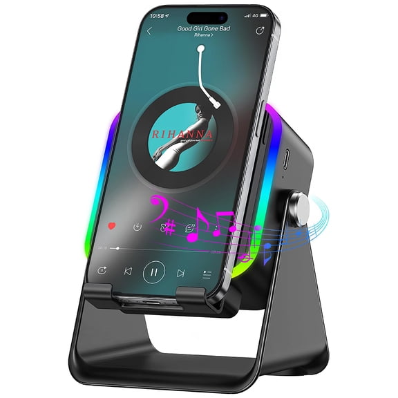 VOPOYO 5-in-1 Wireless Induction Bluetooth Speaker with Phone Stand & USB Charger, 5000mAh Rechargeable, 8 RGB Light, 360° Adjustable Stereo Holder for iPhone Android iPad