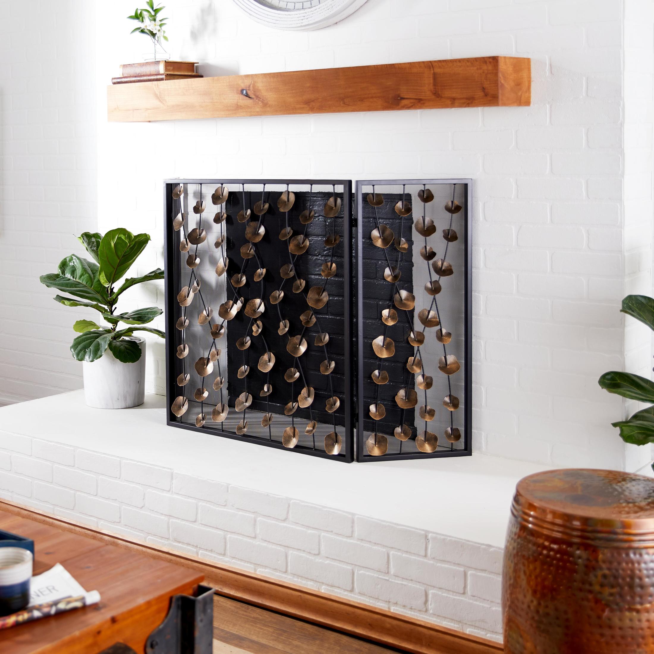 DecMode 56" x 32" Gold Metal Foldable Mesh Netting 3 Panel Floral Fireplace Screen with 3D Floral on Vines, 1-Piece